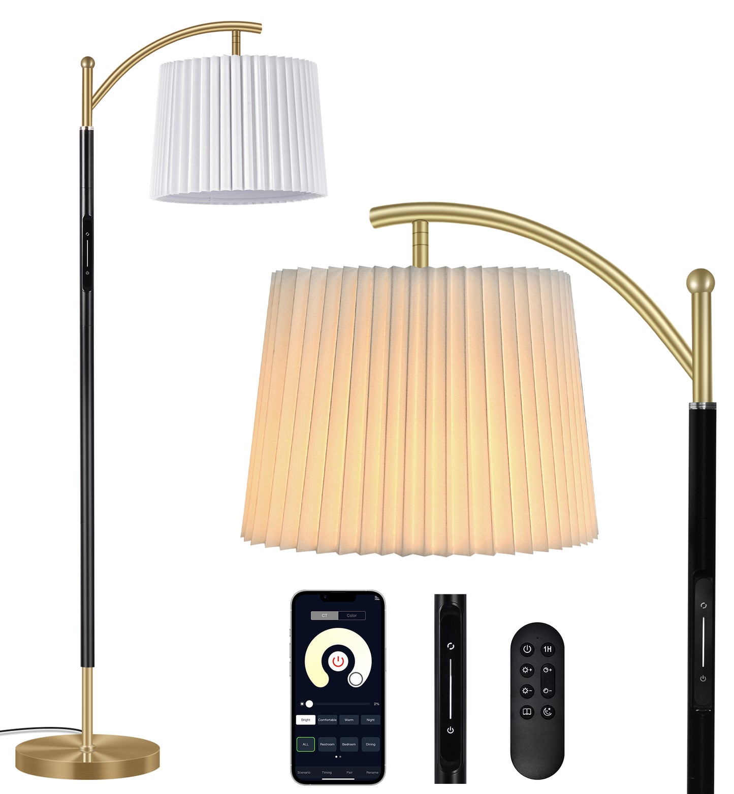 Floor Lamp, LED Floor Lamp with APP & Remote & Touch Control, Stepless Color Temperatures and Brightness, Tall Standing Lamp with Pleated Lampshade for Living Room, Bedroom, Office(Black Gold)