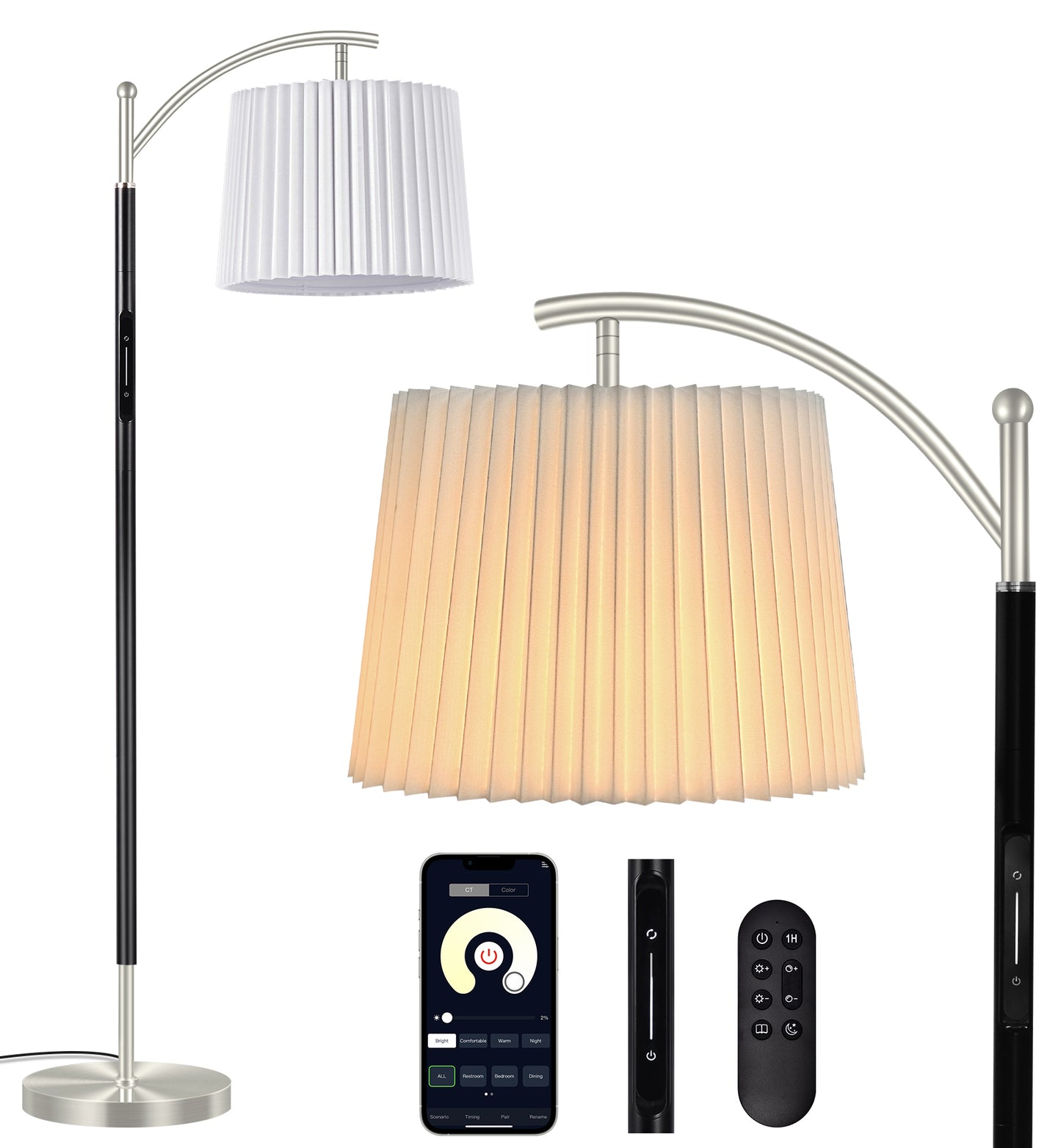 Floor Lamp, LED Floor Lamp with APP & Remote & Touch Control, Stepless Color Temperatures and Brightness, Tall Standing Lamp with Pleated Lampshade for Living Room, Bedroom, Office(Black Gold)
