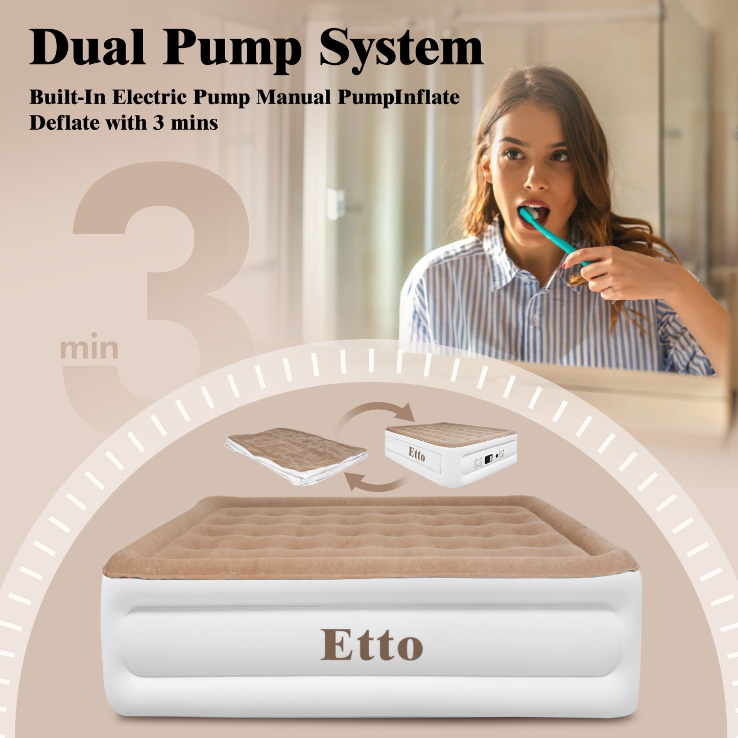 Etto Air Mattress,18 inch Inflatable Airbed Luxury Double High Self Inflation Deflation Queen Air Mattress withUpgraded Built-in Pump, Blow Up Guest Bed for Home Portable Camping Travel,650lb MAX