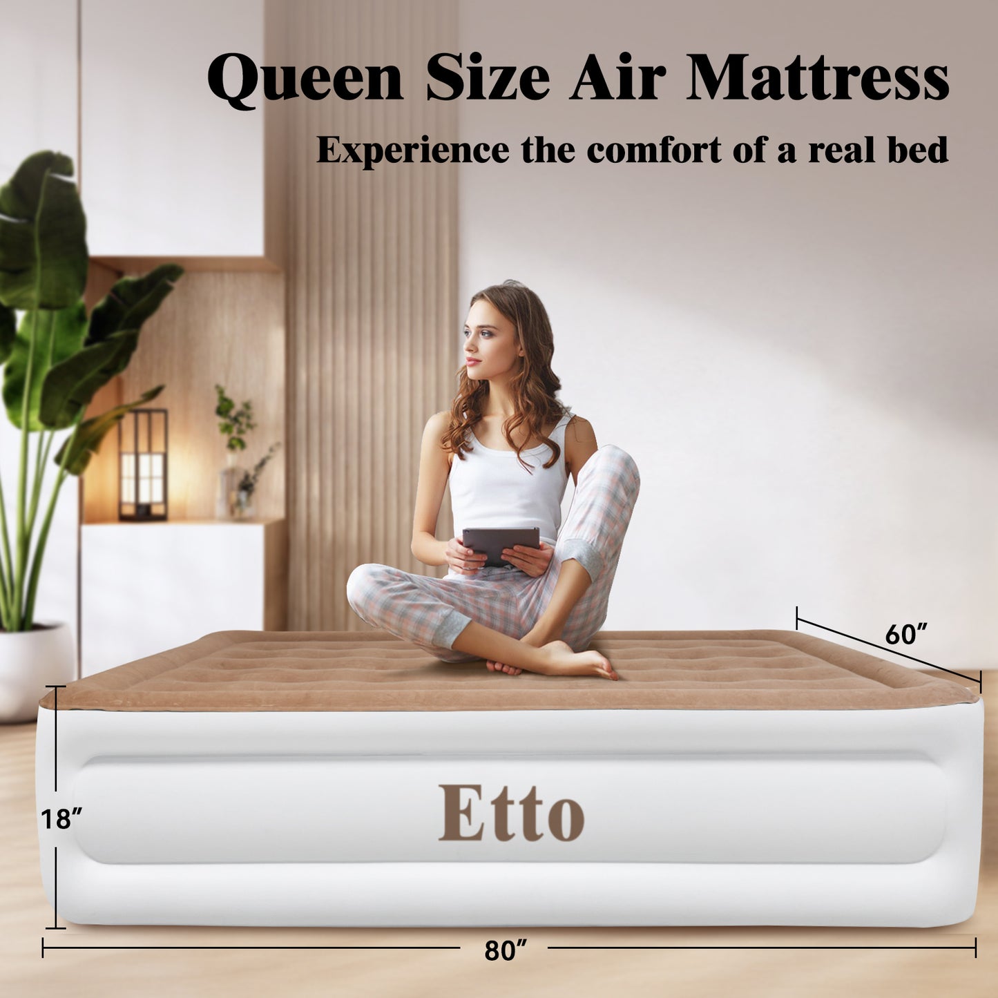 Etto Air Mattress,18 inch Inflatable Airbed Luxury Double High Self Inflation Deflation Queen Air Mattress withUpgraded Built-in Pump, Blow Up Guest Bed for Home Portable Camping Travel,650lb MAX