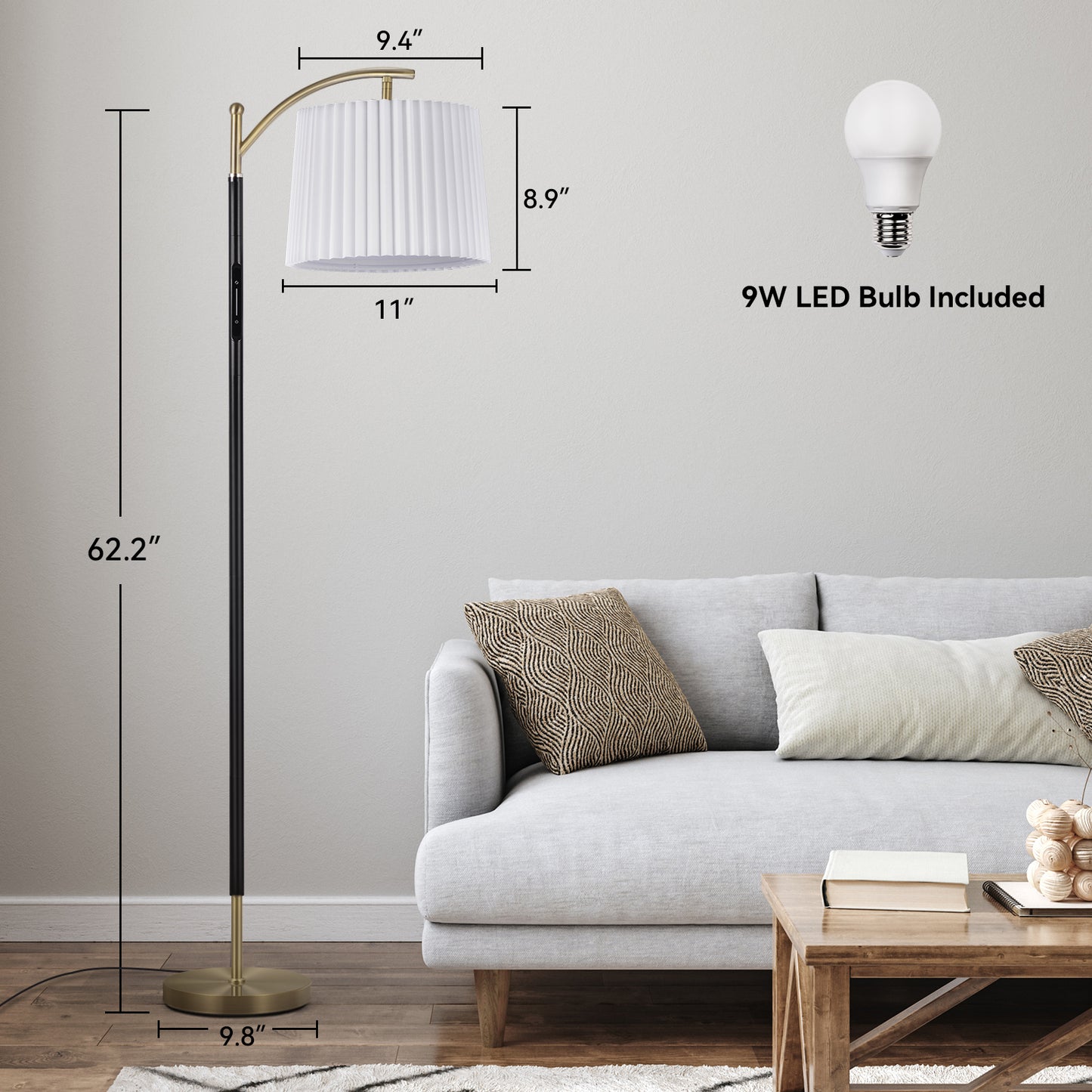Floor Lamp, LED Floor Lamp with APP & Remote & Touch Control, Stepless Color Temperatures and Brightness, Tall Standing Lamp with Pleated Lampshade for Living Room, Bedroom, Office(Black Gold)