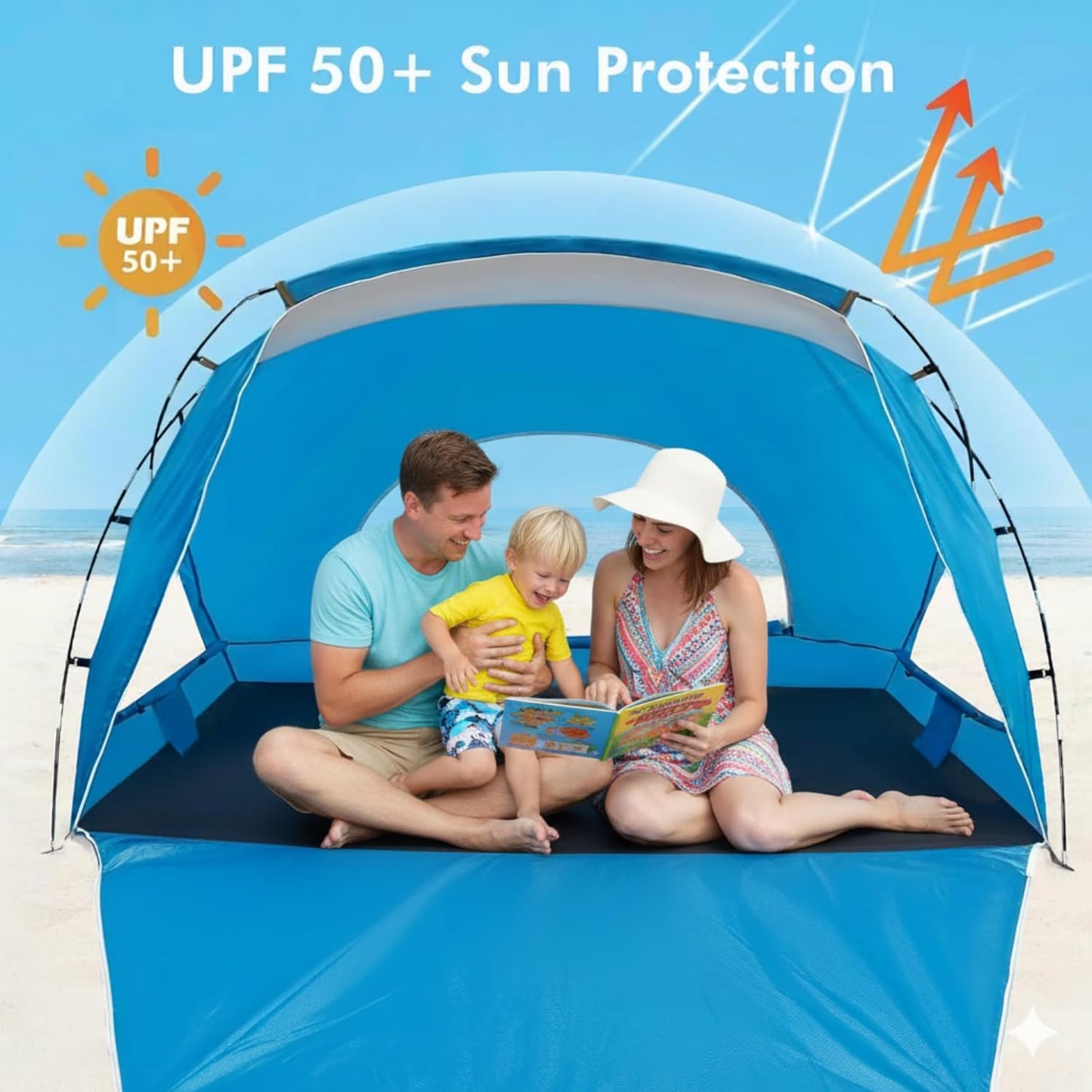 Beach Tent, Portable Sun Shelter for 2/3/4/6-8 Person with UPF 50+ UV Protection, Easy Setup Waterproof Beach Shade Canopy Cabana for Family Outdoor and Picnics, Fishing with Carrying Bag